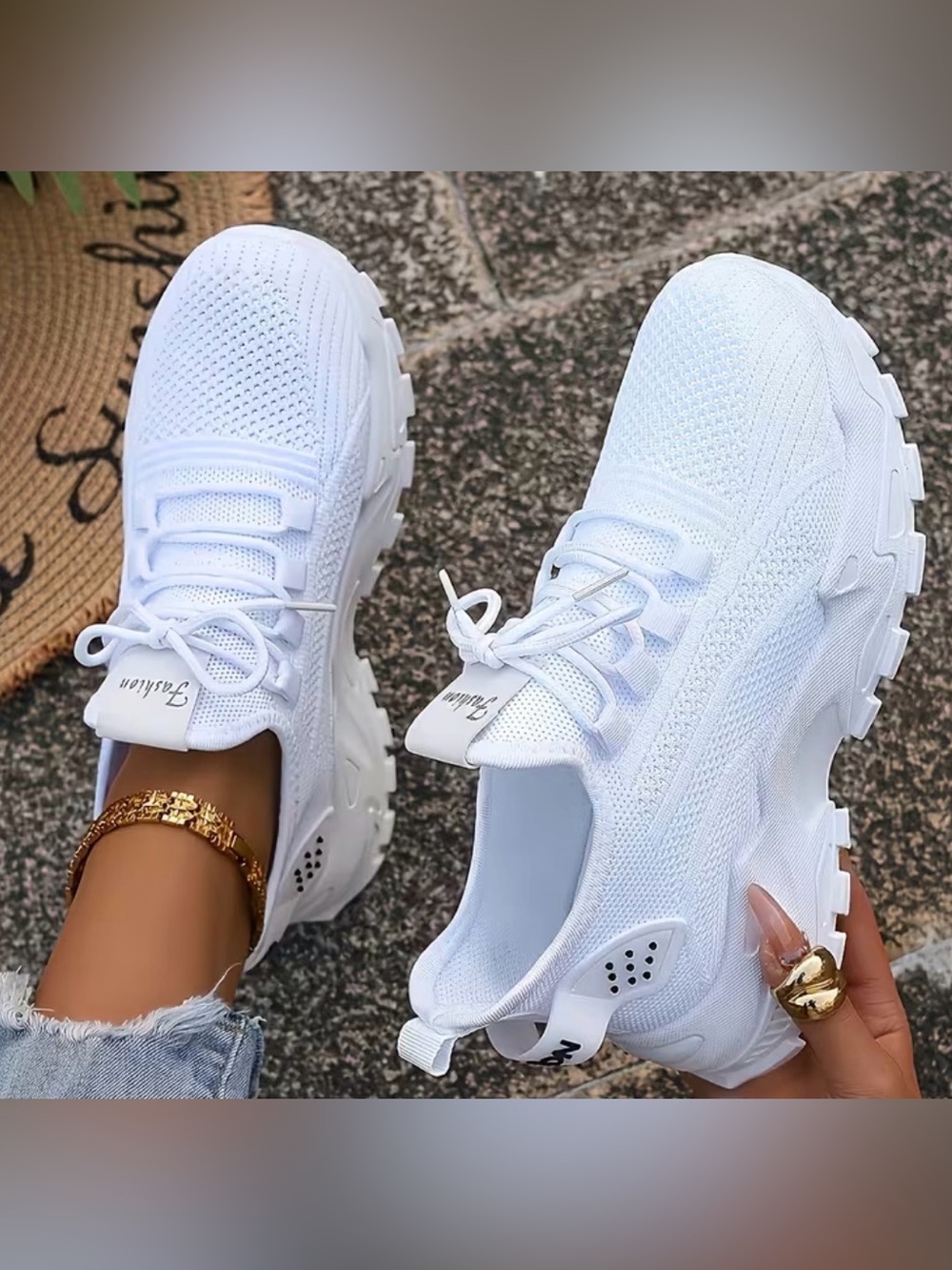 White Knit Platform Walking Sneakers - Women